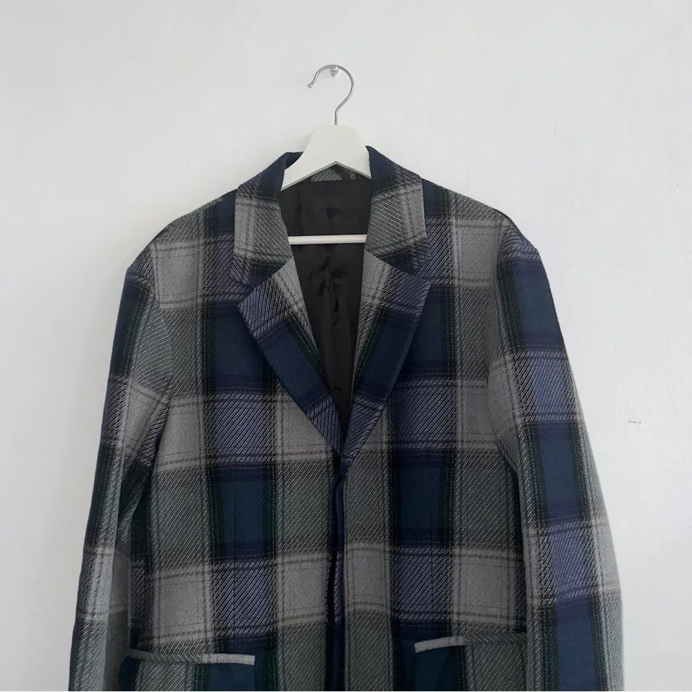 Acne Studios Oversized Plaid Wool Blend Coat in Navy, Grey & Green size US38